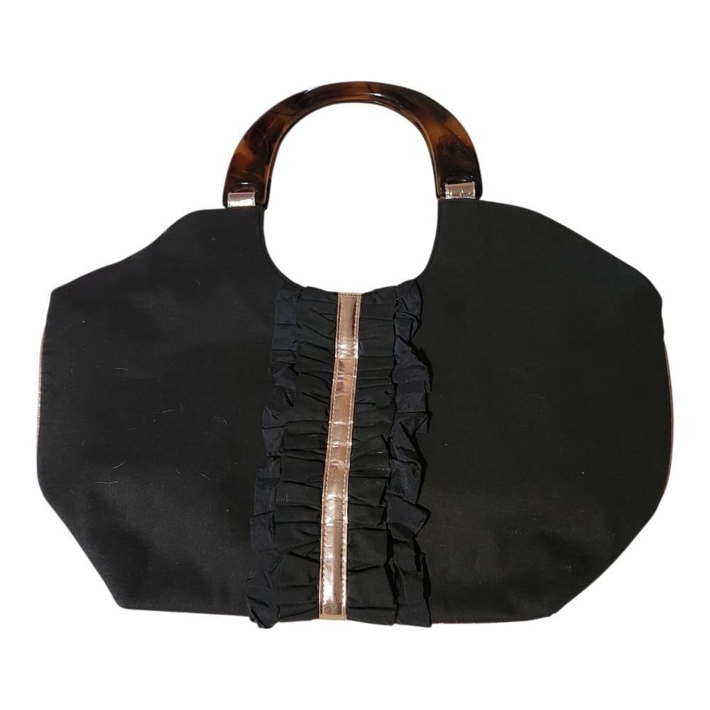 Mud Pie Bag Lady Large Black & Gold  Purse Ruffle Detail Tortoiseshell Handles